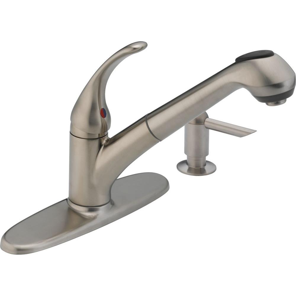 Delta Foundations Single-Handle Pull-Out Sprayer Kitchen Faucet in Stainless With Soap Dispenser
