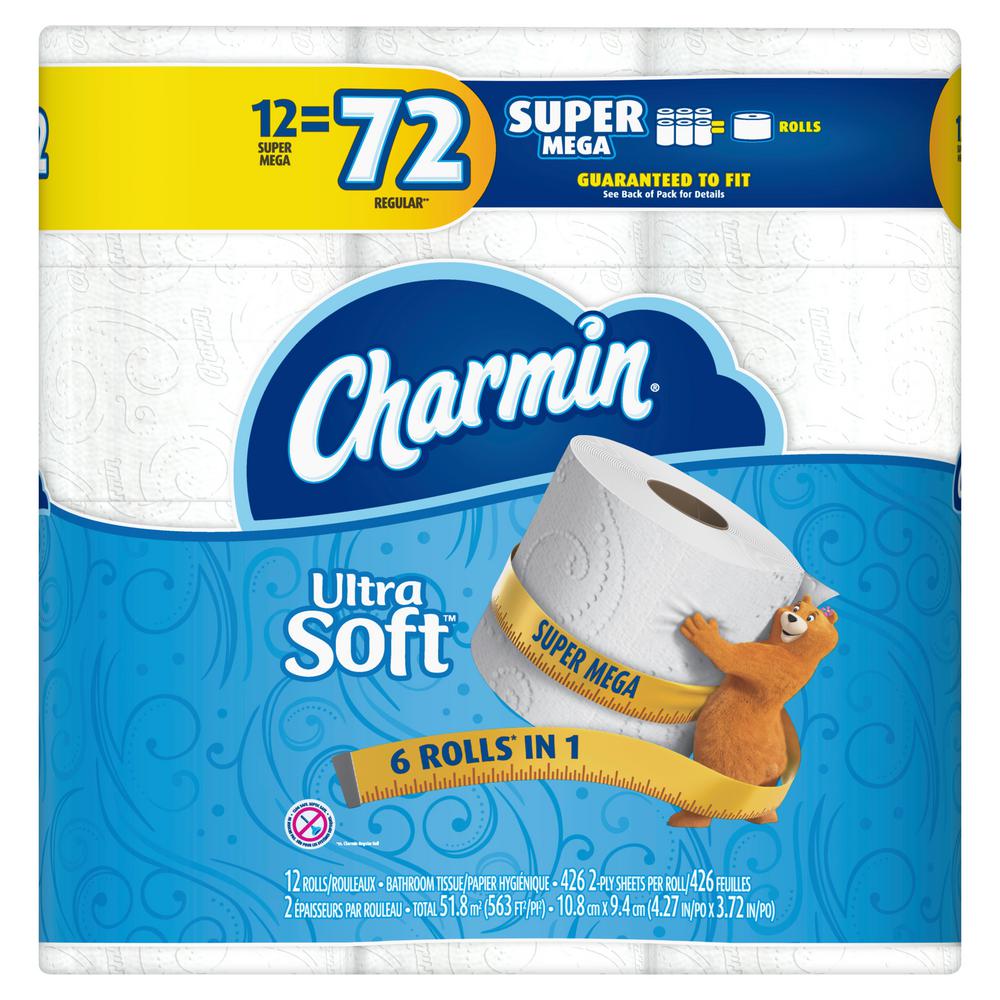 Charmin Ultra Soft Toilet Paper 12 Super Mega Roll 003700077363 The Home Depot