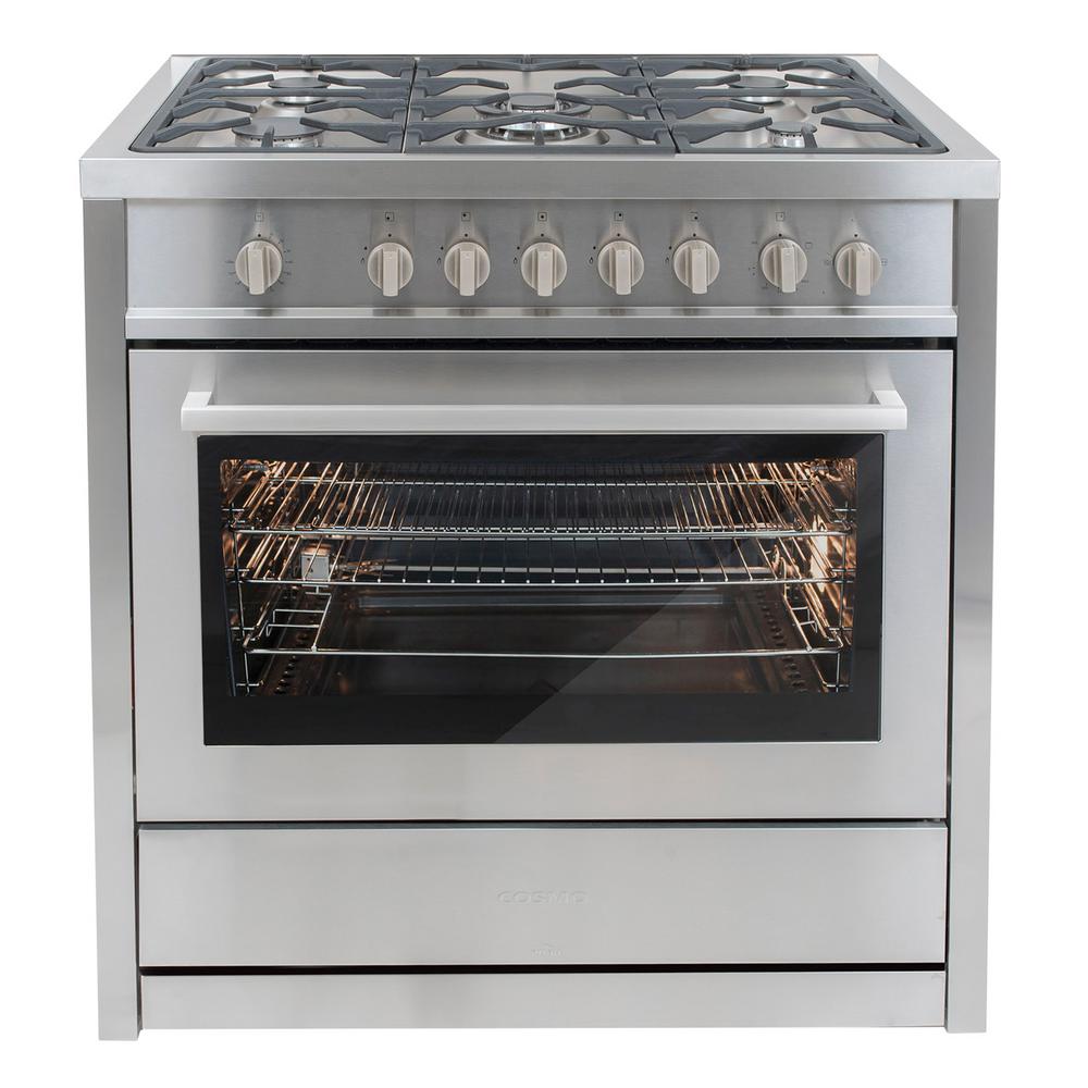 Cosmo 36 in. 3.8 cu. ft. Gas Range in Stainless Steel with 5 Italian Made Burners and Motorized