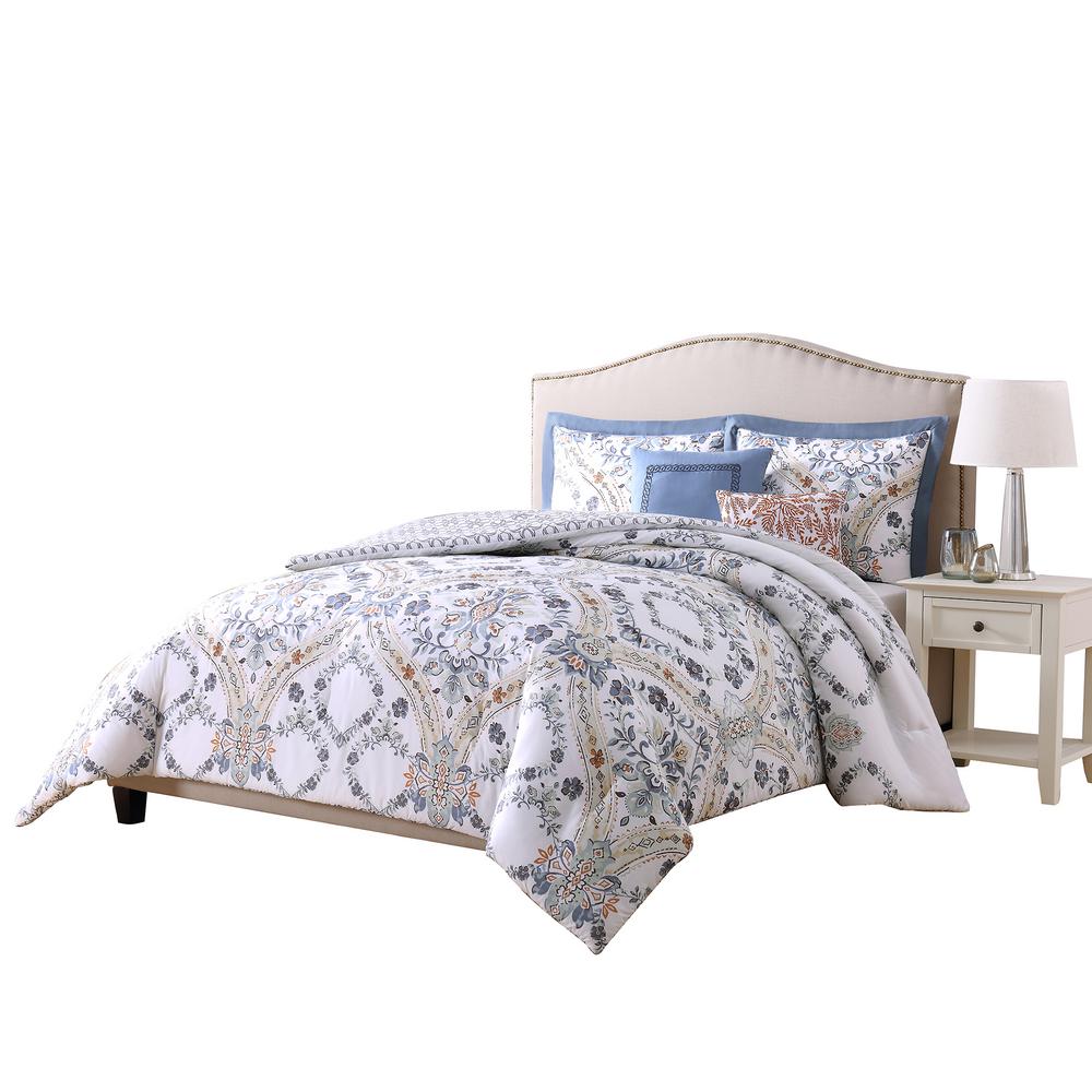 Solaine Blue, Rust and White King 5Piece Reversible Comforter Set