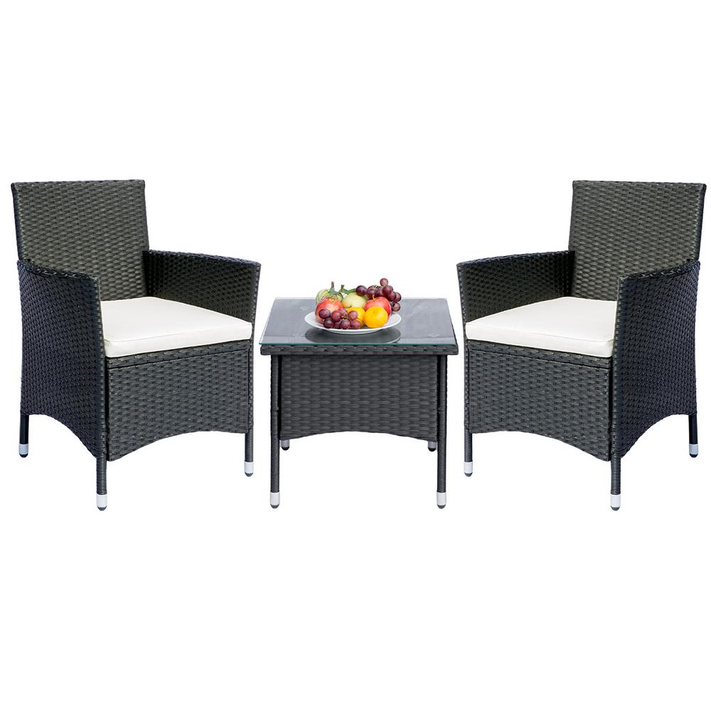 Boyel Living Black 3 Piece Wicker Outdoor Patio Furniture Bistro Set With Beige Cushion Tm Wf037136daa The Home Depot