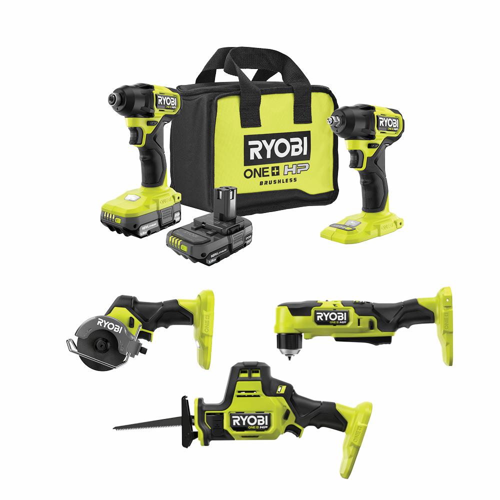 RYOBI ONE+ HP 18V Brushless Cordless Compact 5-Tool Combo Kit with (2 ...