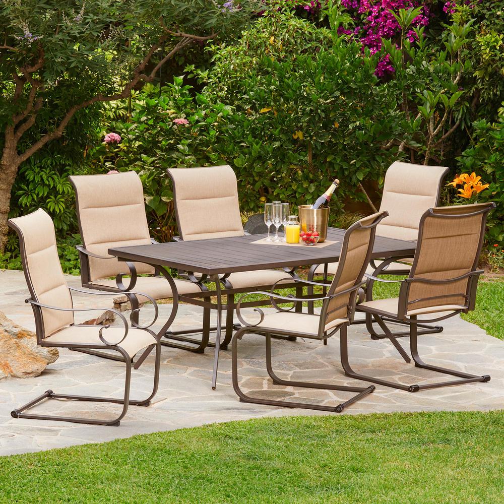 Hampton Bay Belleville 7 Piece Padded Sling Outdoor Dining Set Spring Hill 7 Piece Aluminum Sling Outdoor Dining Set In Tan
