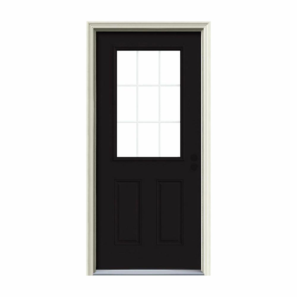 Jeld Wen 36 In X 80 9 Lite Black Painted W White Interior Steel Prehung Left Hand Inswing Front Door Brickmould