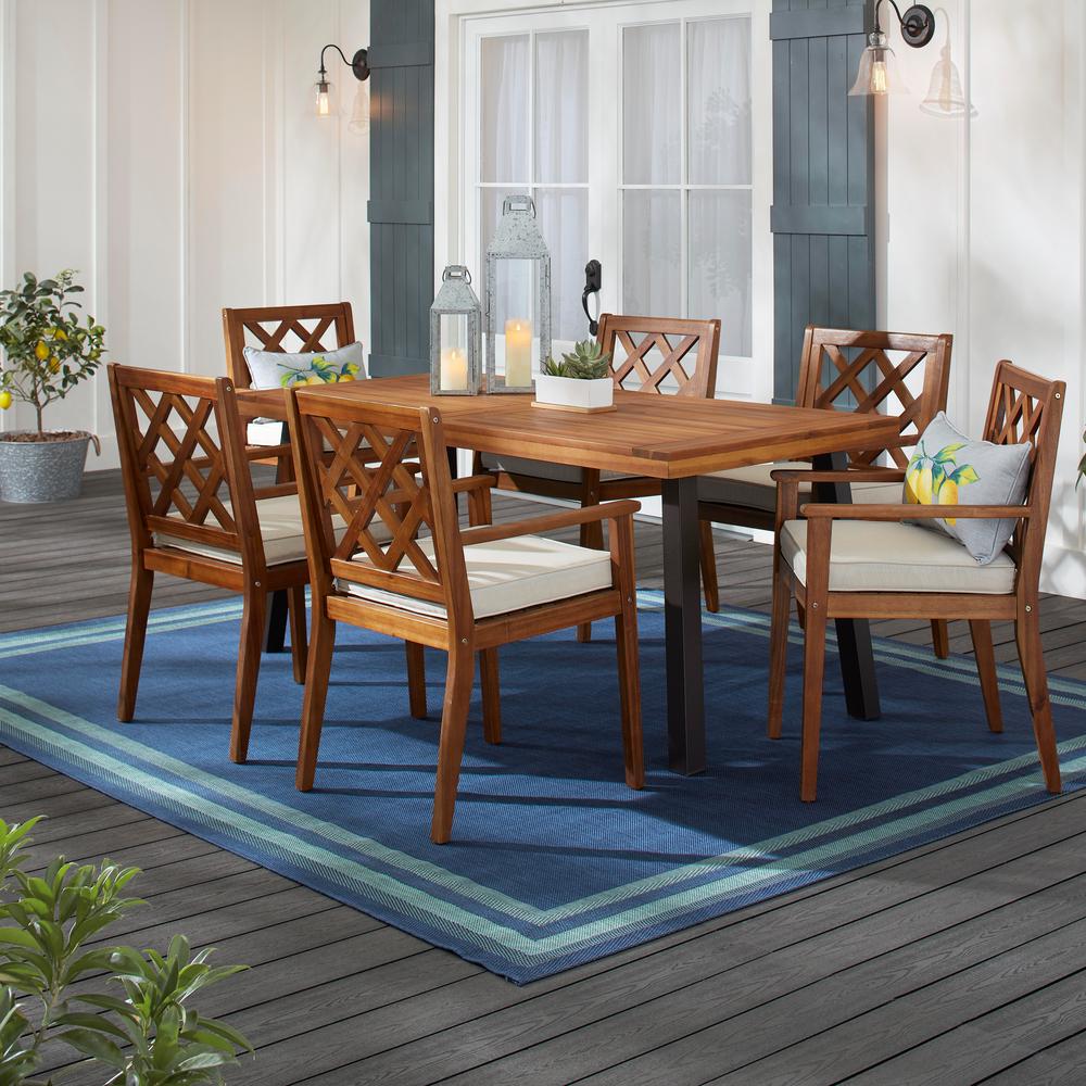 Hampton Bay Willow Glen Farmhouse 7 Piece Teak Wood Outdoor Patio Dining Set With Beige Cushion 81984 The Home Depot