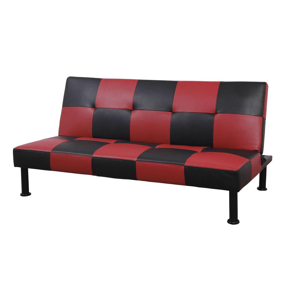 Red And Black Leather Futon Convertible Sofa