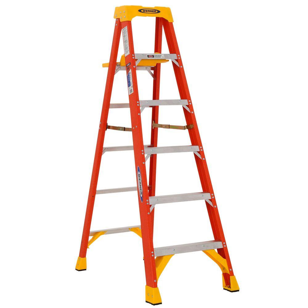 Werner 6 ft. Fiberglass Step Ladder with Shelf 300 lb. Load Capacity ...