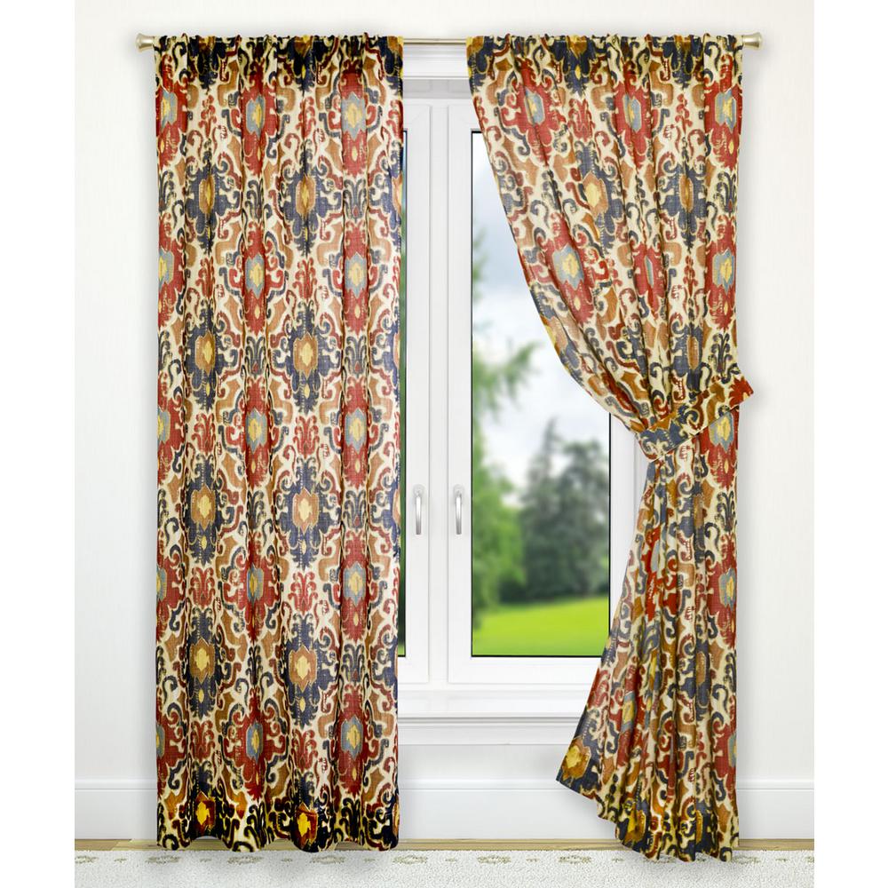 Tuscany Red Polyester Tailored Pair Curtains with Tiebacks 70 in. W x