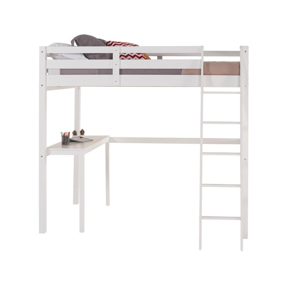 white full size loft bed with desk