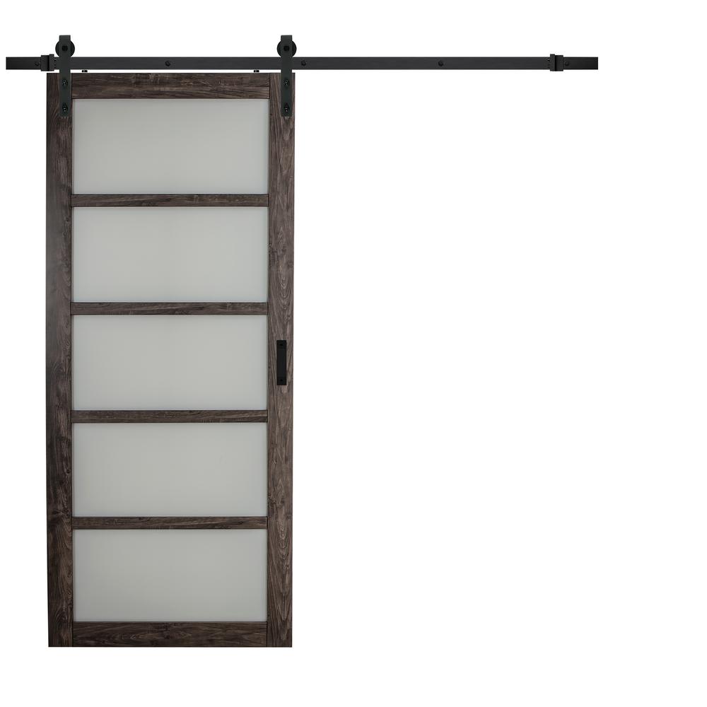 Truporte 36 In X 84 In Iron Age Gray Mdf Frosted Glass 5 Lite Design Sliding Barn Door With Rustic Hardware Kit