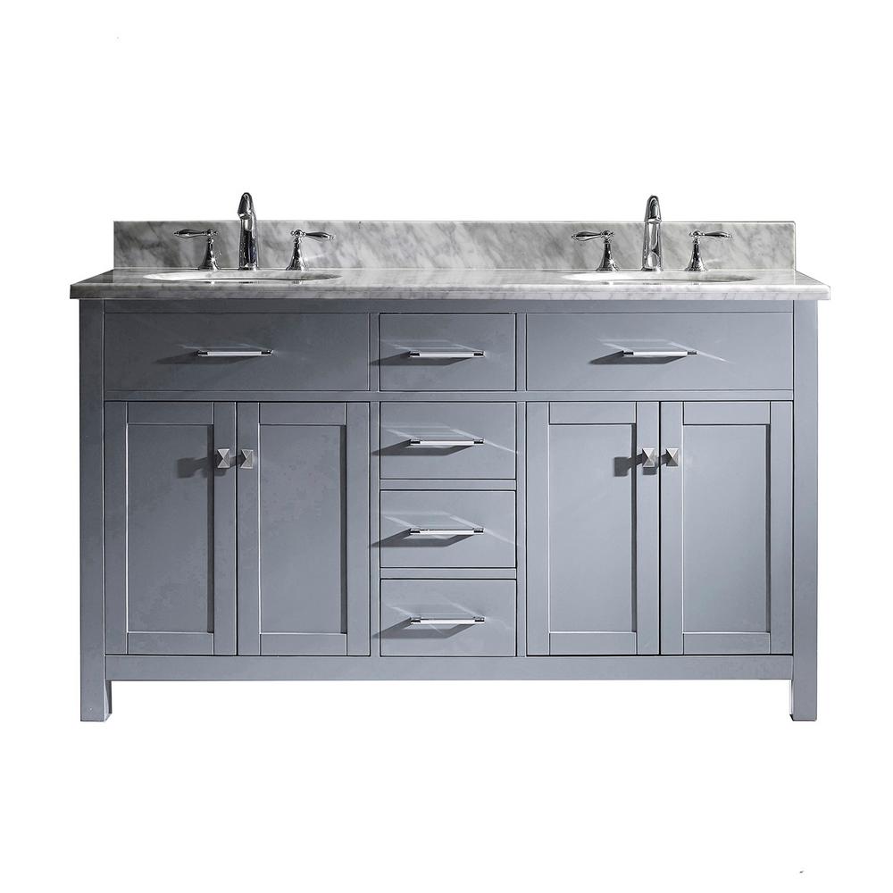 Virtu USA Caroline 60 in. W Bath Vanity in Gray with Marble Vanity Top
