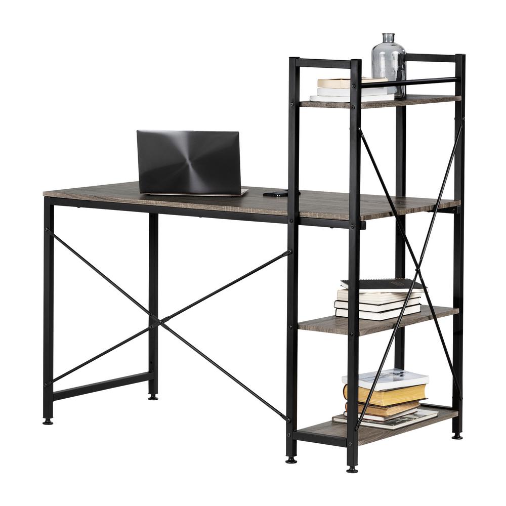 South Shore Evane Oak Camel Industrial Desk With Bookcase 12113