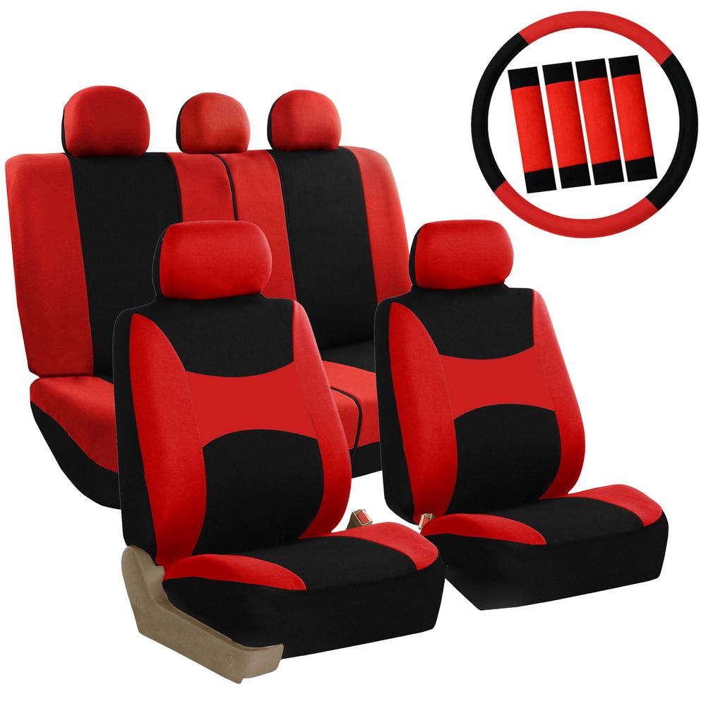 FH Group Light & Breezy Red and Black Auto Accessories Set, with Steering Wheel Cover and Seat Belt Pads, Airbag Compatible and Split Bench Full Set Seat Covers