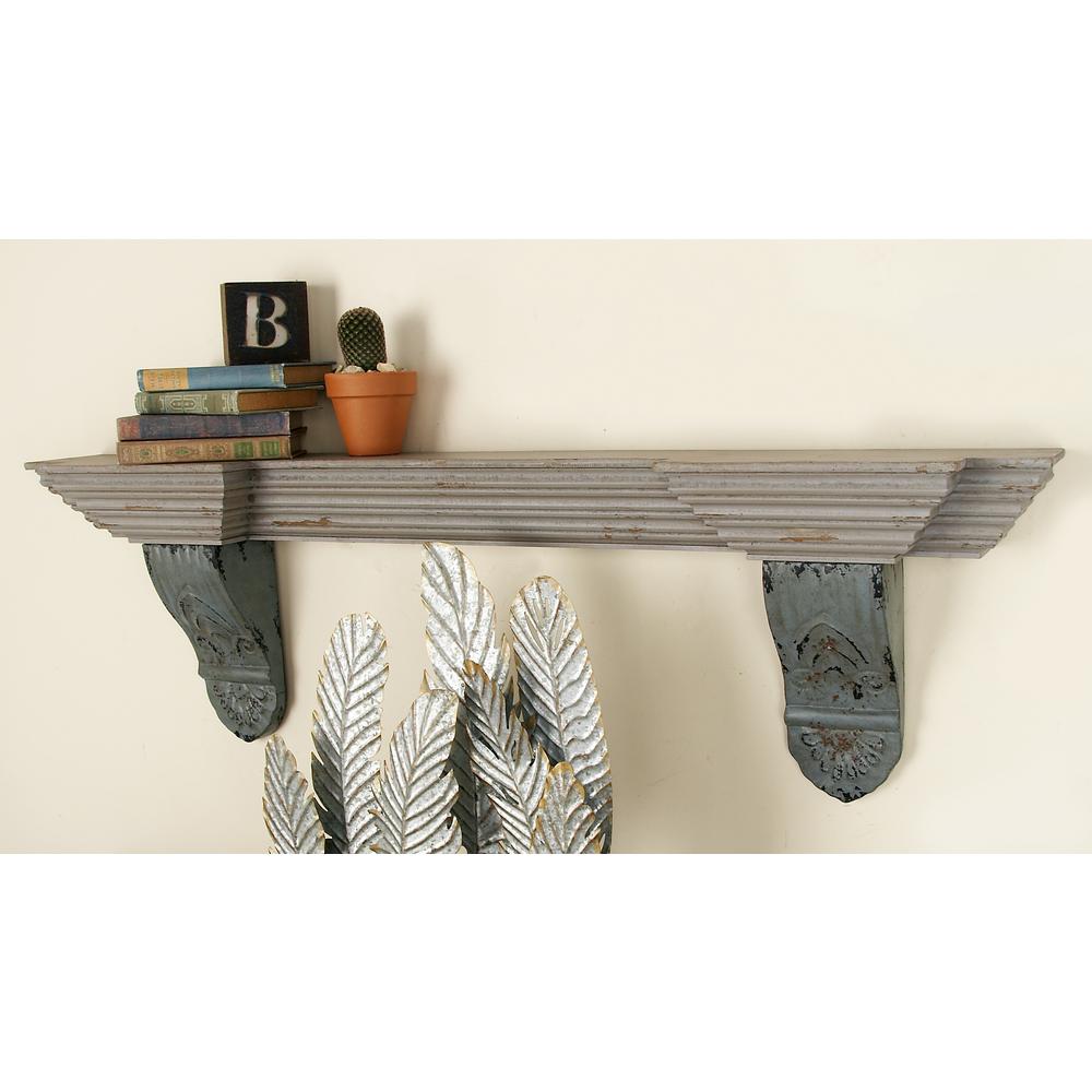 51 in. x 16 in. Rustic Wood and Iron Wall Shelf with Raised Flourishes