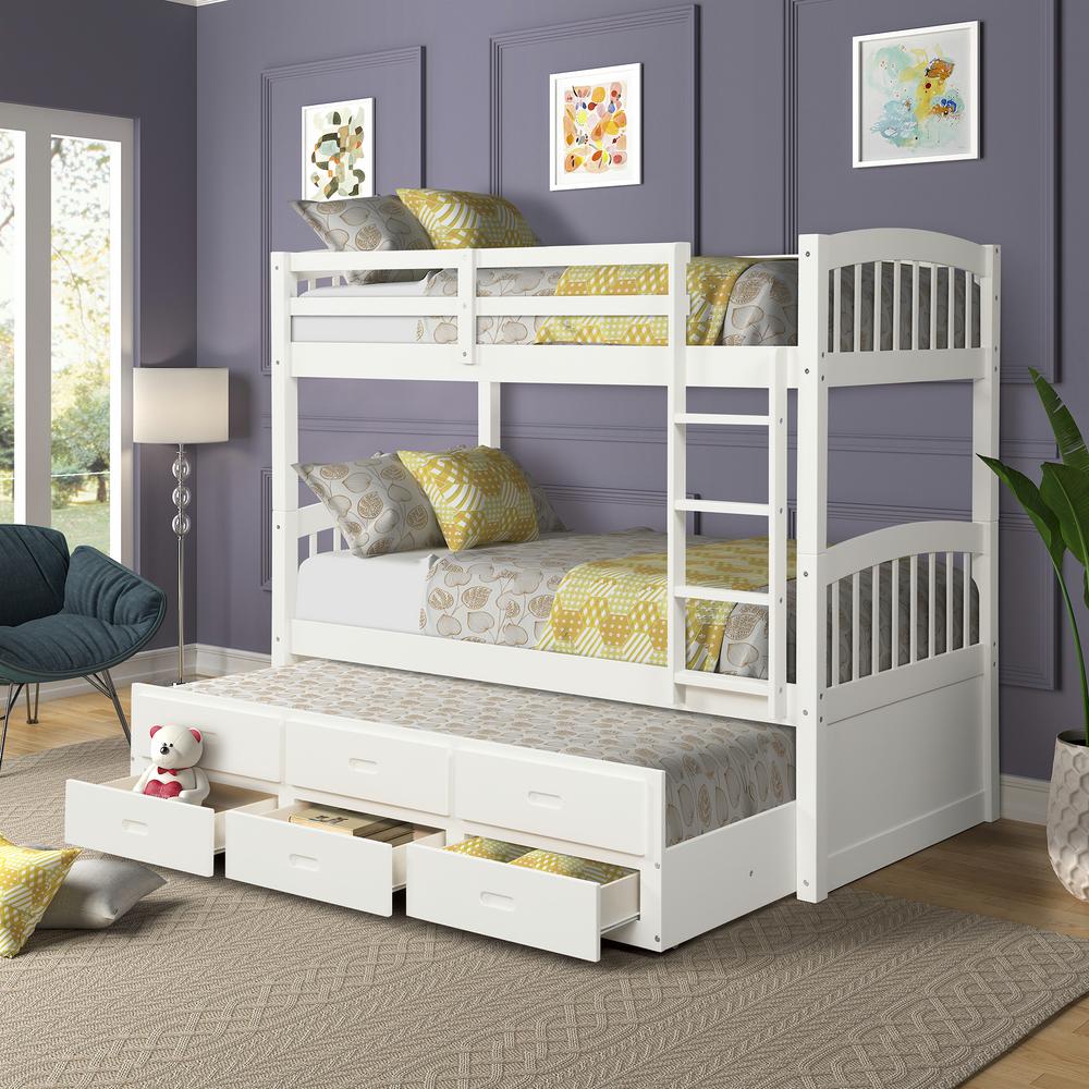 white wooden bunk beds with storage