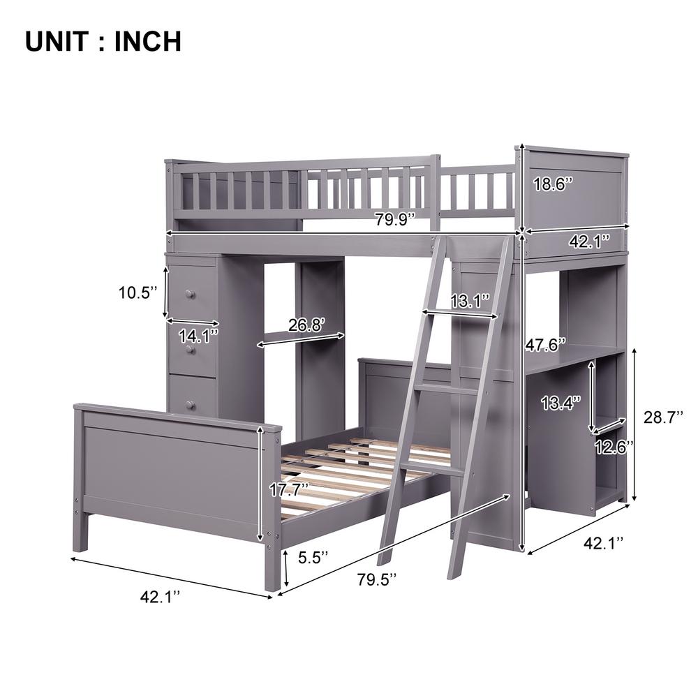 Harper Bright Designs Gray Twin Over Twin Bed With Drawers And