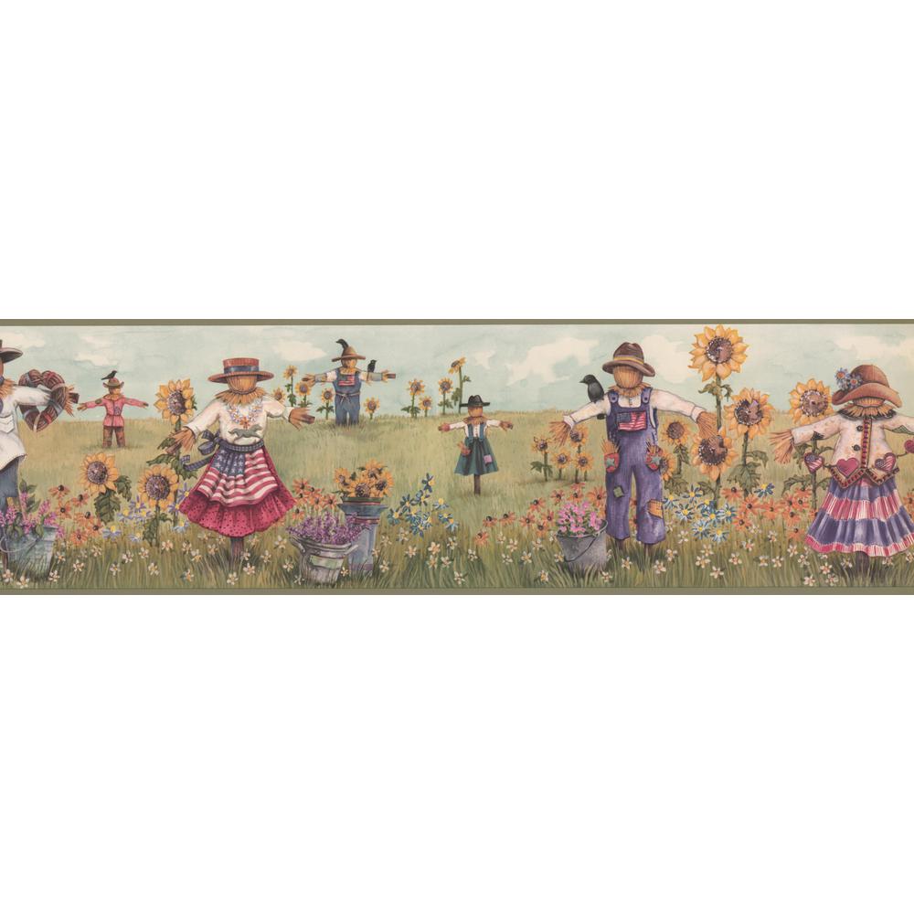 Retro Art Vintage Scarecrows With American Flags On The Sunflower