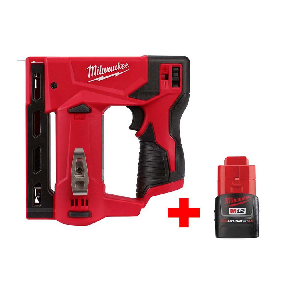 Milwaukee M12 12Volt LithiumIon Cordless 3/8 in. Crown Stapler with Free M12 2.0Ah Battery