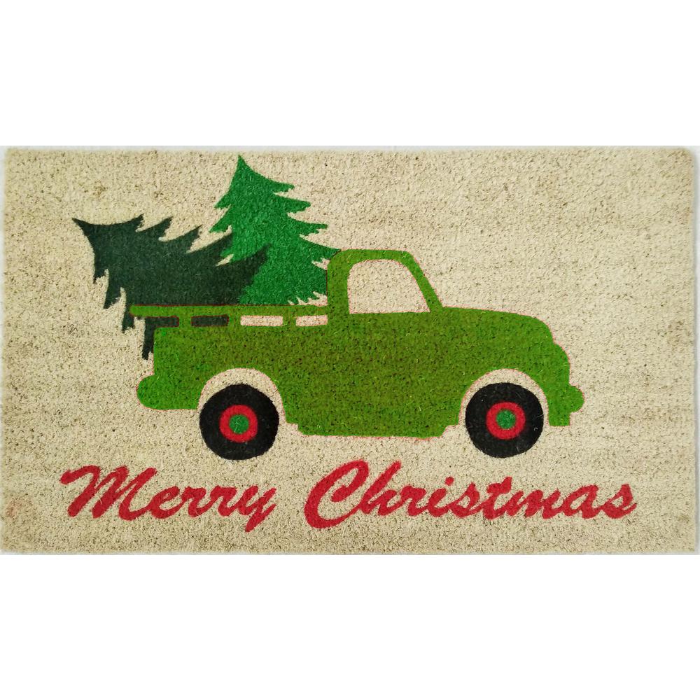 Merry Christmas Green Truck With Trees 18 In X 30 In Coir With