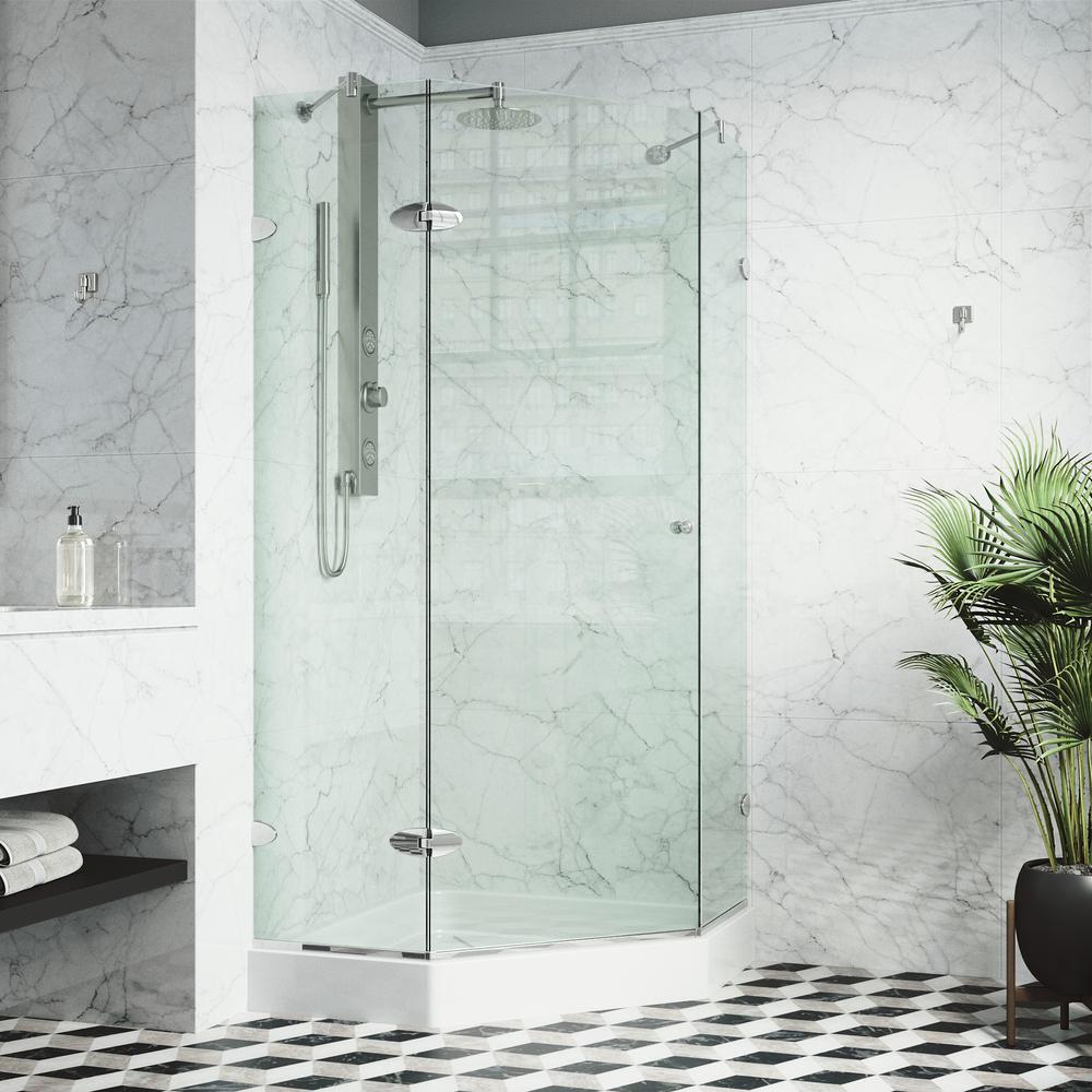 VIGO Verona 40.25 in. x 78.75 in. Frameless Neo-Angle Shower Enclosure in Chrome and Clear Glass with Base in White