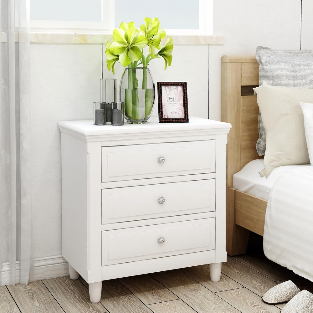 Boyel Living Noble White Nightstand Storage Wood 3 Drawers Cabinet