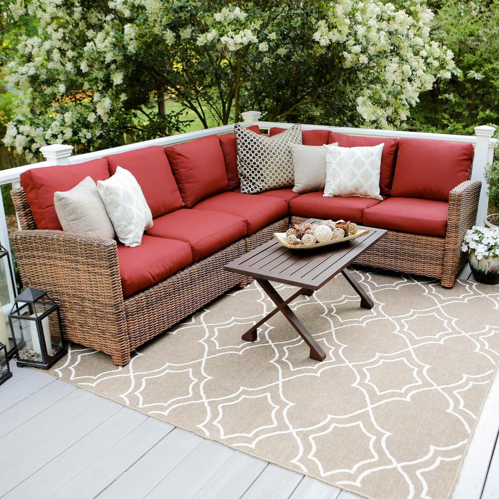 Red Outdoor Sectionals Lounge Furniture The Home Depot Dalton 5 Piece Wicker Outdoor Sectional Set With Red Cushions