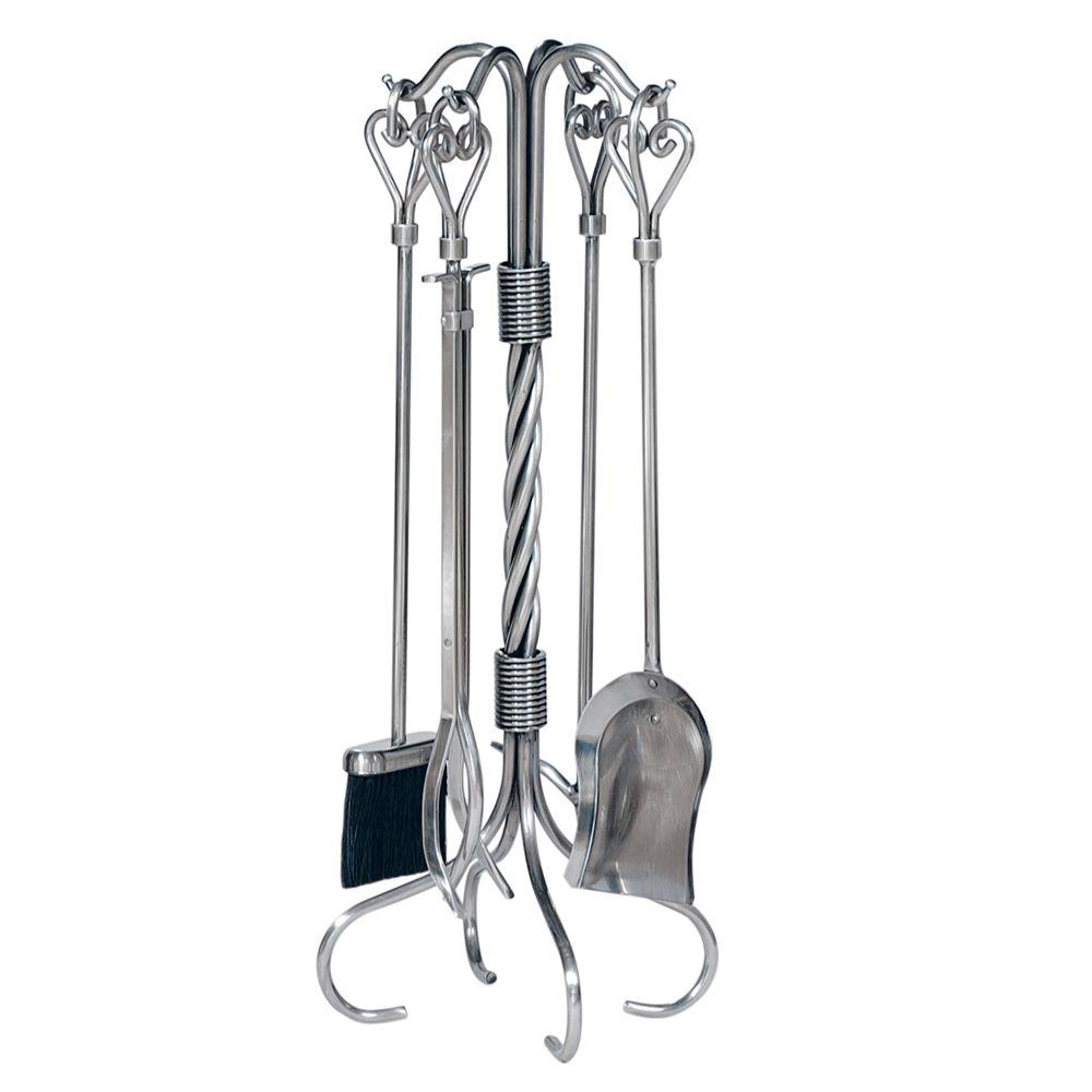 The UniFlame 5-Piece Pewter Wrought Iron Fireset with Heart Handles and Tampico Brush adds additional charm to your fireplace. It includes a tampico fire-retardant brush