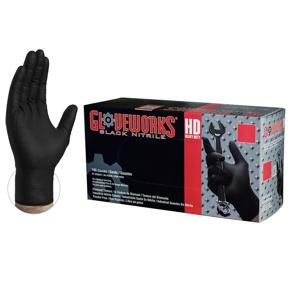 GLOVEWORKS Medium Diamond Texture Black Nitrile Industrial Latex Free Disposable Gloves (Box of