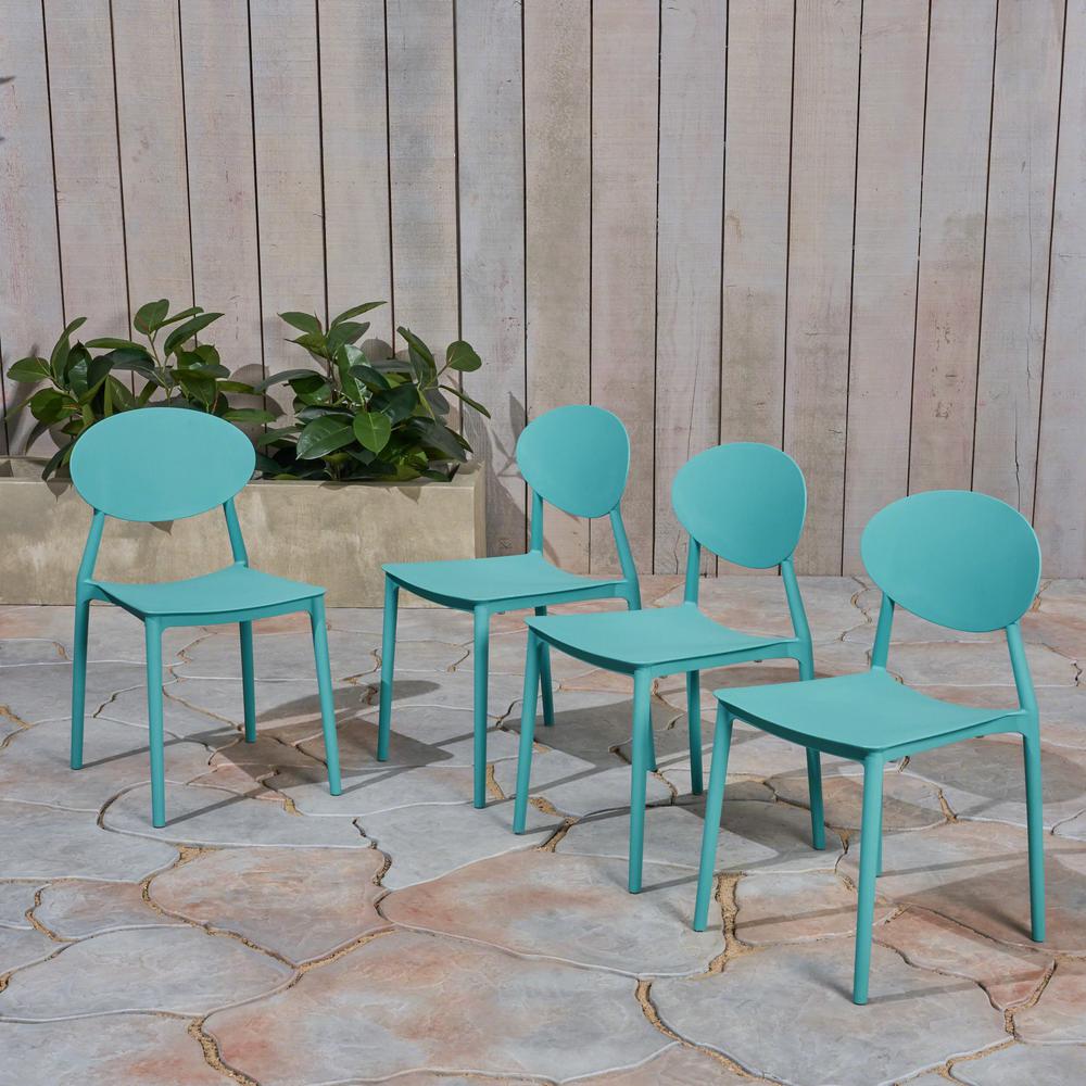 Noble House Westlake Teal Armless Plastic Outdoor Dining Chairs 4