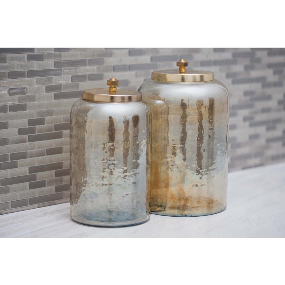 Litton Lane Cylindrical Smoked Gold Glass Jar with Brown Wooden Lid (Set of 2)94969 The Home