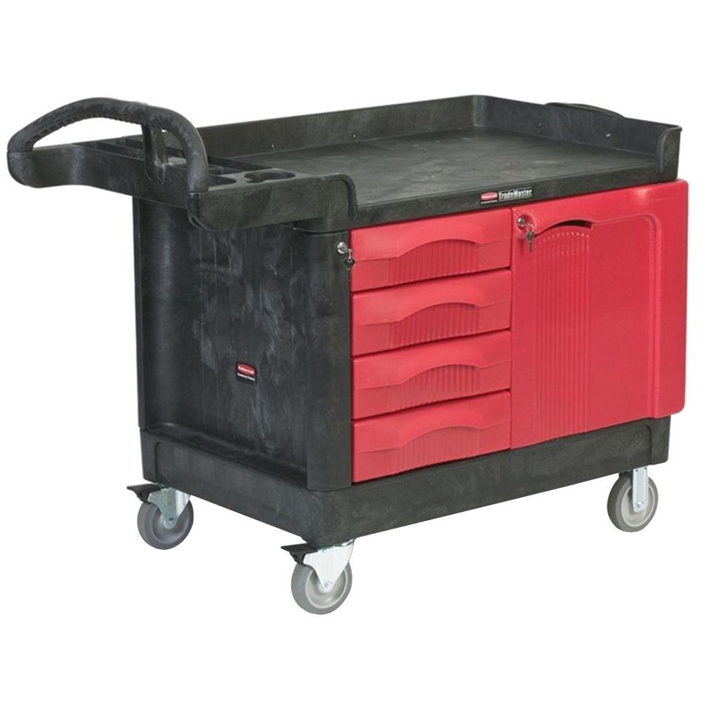 Rubbermaid Commercial Products 26.25 Small Utility Cart in Red/Black with 4 Drawers and Cabinet