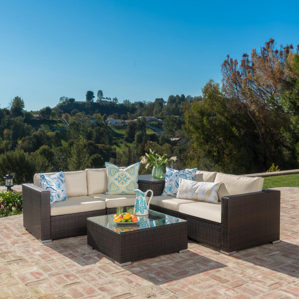 Noble House Dominique 6 Piece Wicker Outdoor Sectional Set With Beige Cushions And Includes Storage