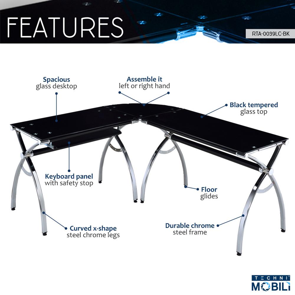 Techni Mobili Black L Shaped Corner Desk With Tempered Glass Top