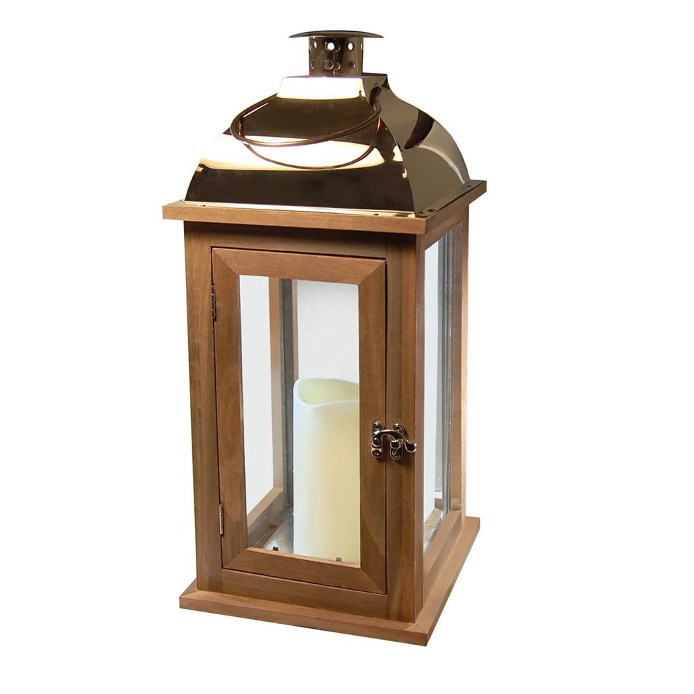 Lumabase Lantern 7 5 In X 17 Wooden Brown Copper Roof Lumabase Lantern 7 5 In X 17 Wooden Brown Copper Roof With Led