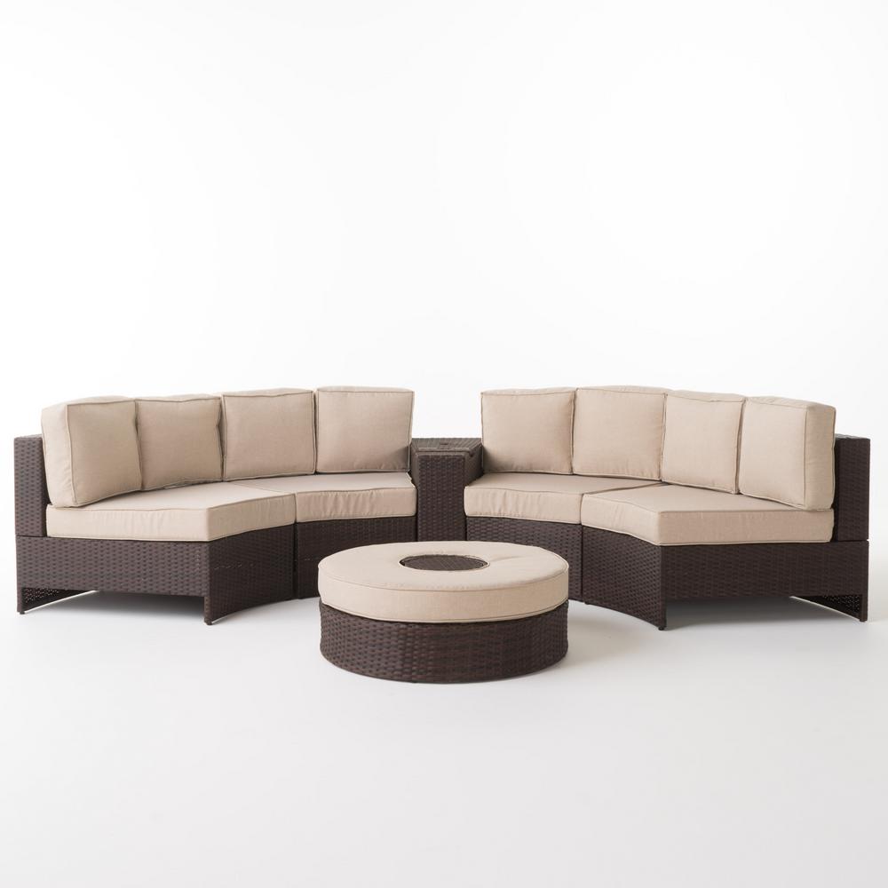 Madras Brown 6 Piece Wicker Outdoor Sectional Set With Textured Beige Cushions