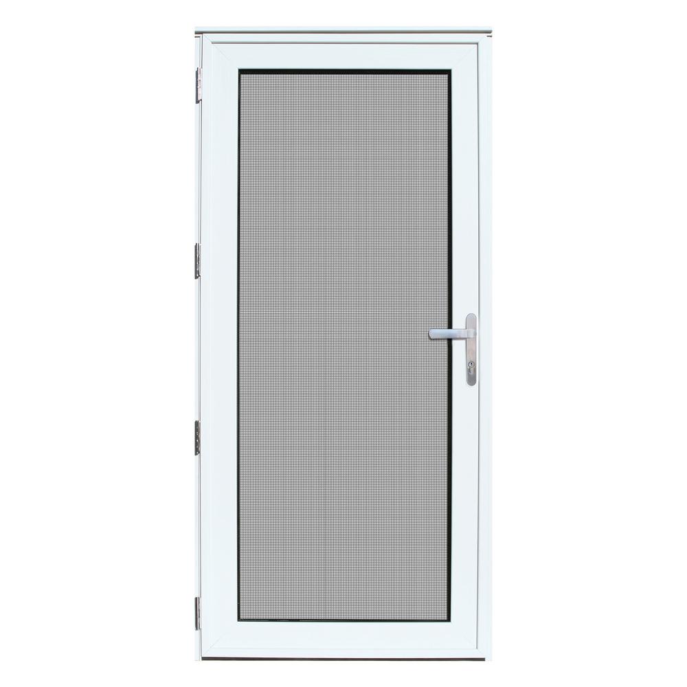 Unique Home Designs 32 In X 80 In White Recessed Mount Left Hand Meshtec Security Door With Tempered Glass Insert