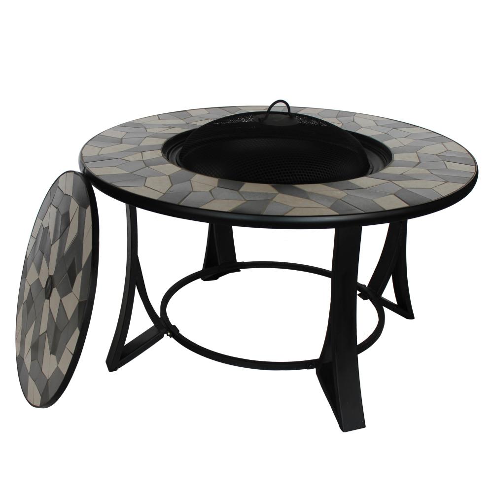 Aleko 20 In X 24 In Round Tile Metal Rustic Convertible Wood Burning Fire Pit Table With Chairs In Grey Fpt016 Hd The Home Depot