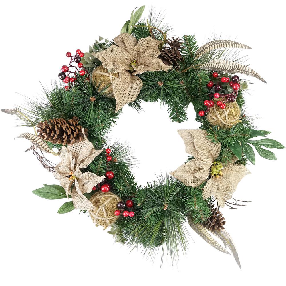 unlit autumn harvest burlap poinsettia moss ball mixed pine and berries fall - Burlap Christmas Wreaths unlit autumn harvest burlap poinsettia moss ball mixed pine and berries fall - Burlap Christmas Wreaths