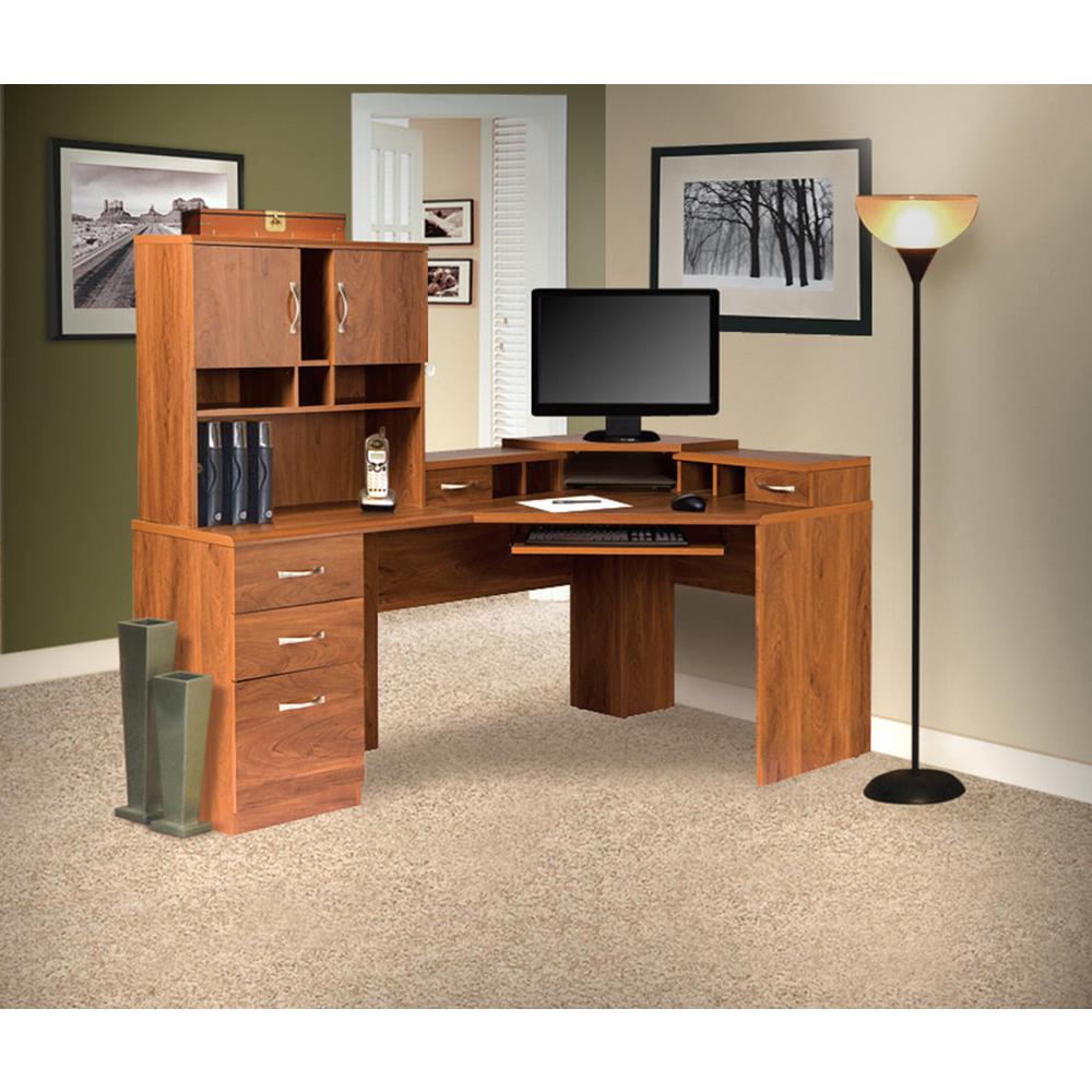 Brown Reversible Corner Work Center And Hutch With Monitor Platform Brown Reversible Corner Work Center And Hutch With Monitor Platform