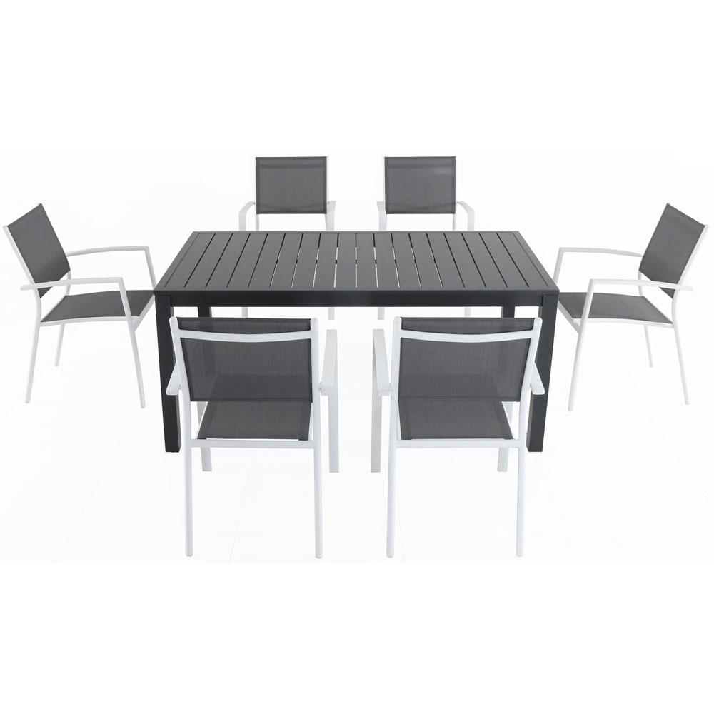 Hanover Naples 7 Piece Aluminum Outdoor Dining Set With 6 Sling Chairs In Gray White And A 63 X 35 Table