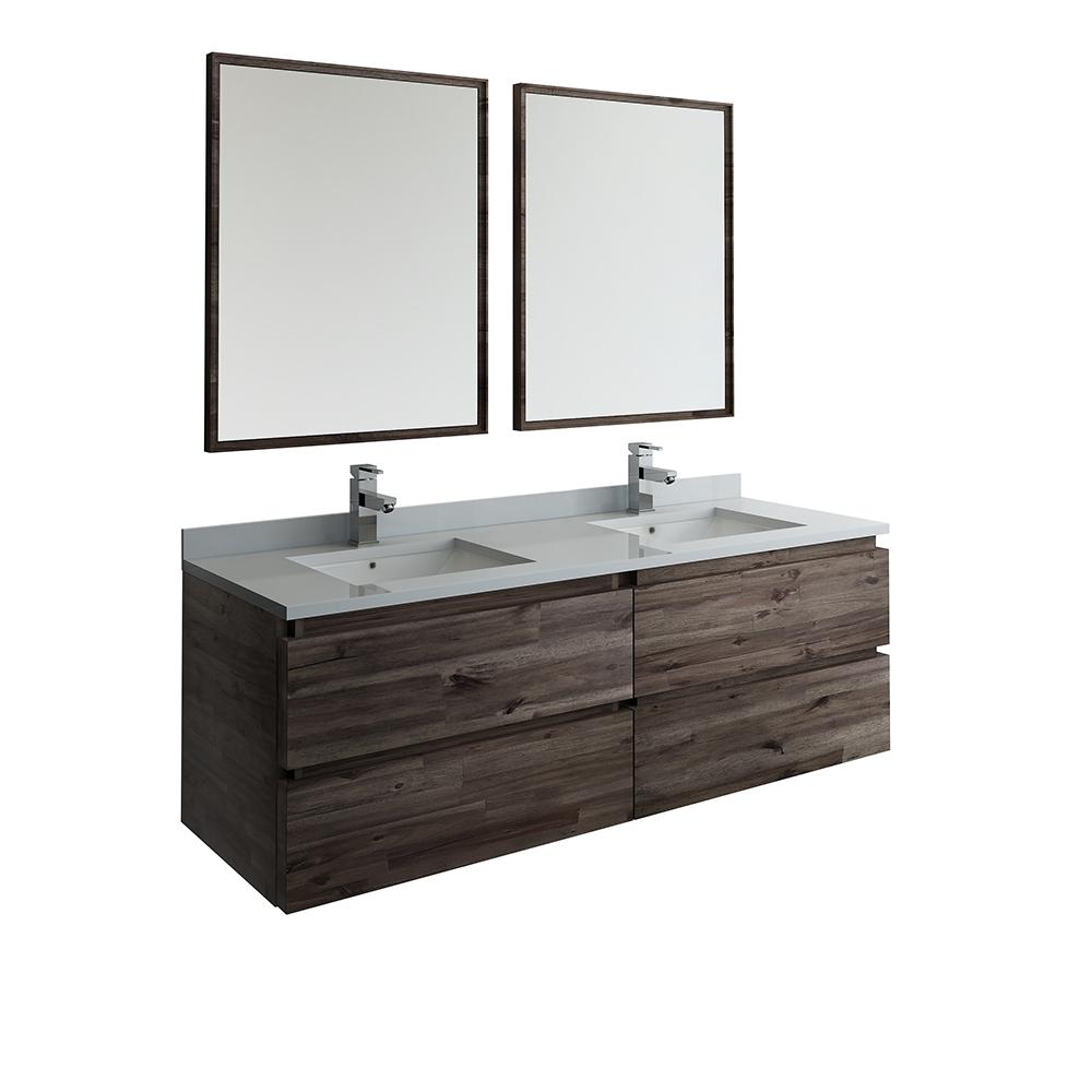 Fresca 60 In Modern Double Wall Hung Vanity Warm Gray With Quartz Stone Top White Basinirror