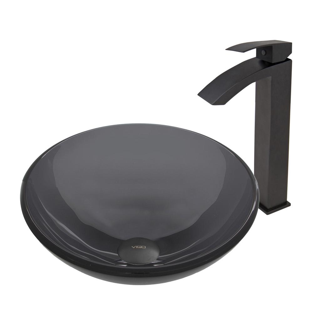 VIGO Glass Vessel Sink in Sheer Black and Duris Faucet Set in Matte