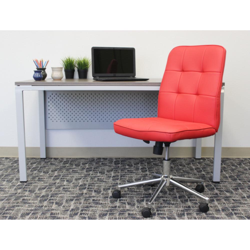 BOSS OFFICE HomePro Armless Desk Chair. Red Caressoft Vinyl. Chrome