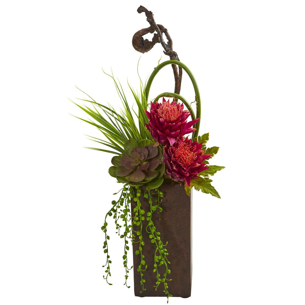 Nearly Natural Indoor Tropical And Succulent Artificial Arrangement Nearly Natural Indoor Tropical And Succulent Artificial Arrangement In Brown Vase