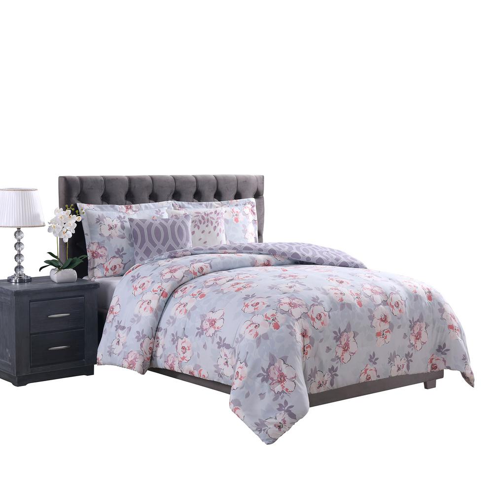 Carmela Home Penelope 5 Piece Grey Purple Pink Queen Comforter Set