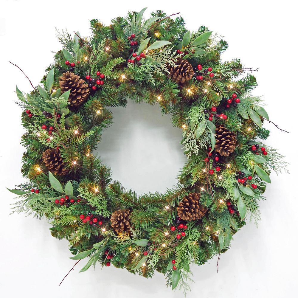 36 in Woodmoore Battery Operated Mixed Pine LED Pre-Lit Artificial Wreath with Timer