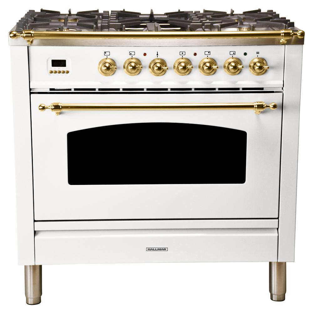 36 in. 3.55 cu. ft. Single Oven Italian Gas Range with True Convection, 5 Burners, Griddle, LP Gas, Brass Trim in White