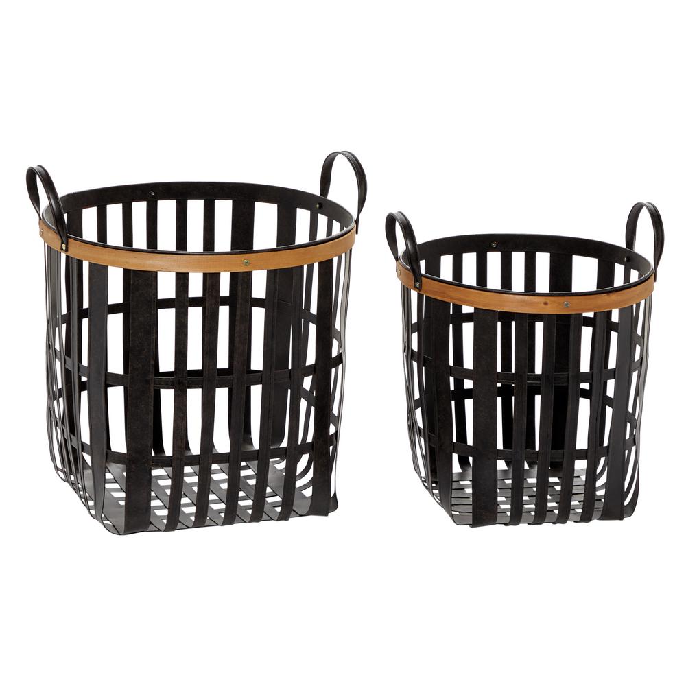 Litton Lane Black Metal And Natural Wood Basket With Handles, Set Of 2