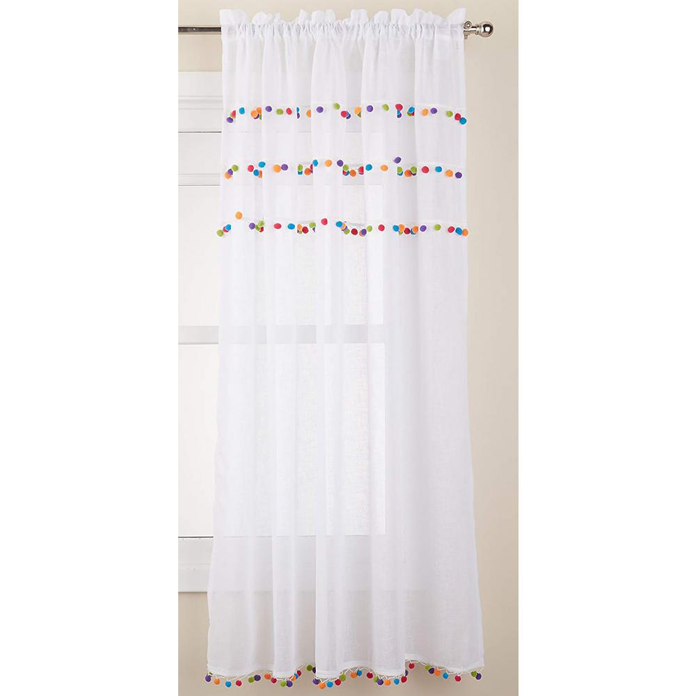 Achim Pom Pom White Polyester Rod Pocket Curtain Panel 52 In W X