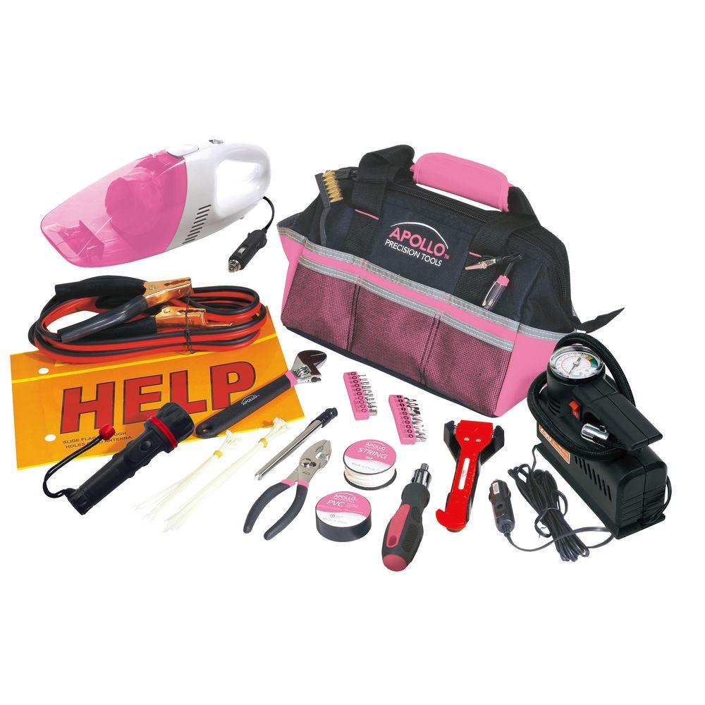 UPC 884540002164 product image for Apollo Tool Sets Roadside Tool Kit with Vacuum and Compressor in Pink (54-Piece) | upcitemdb.com